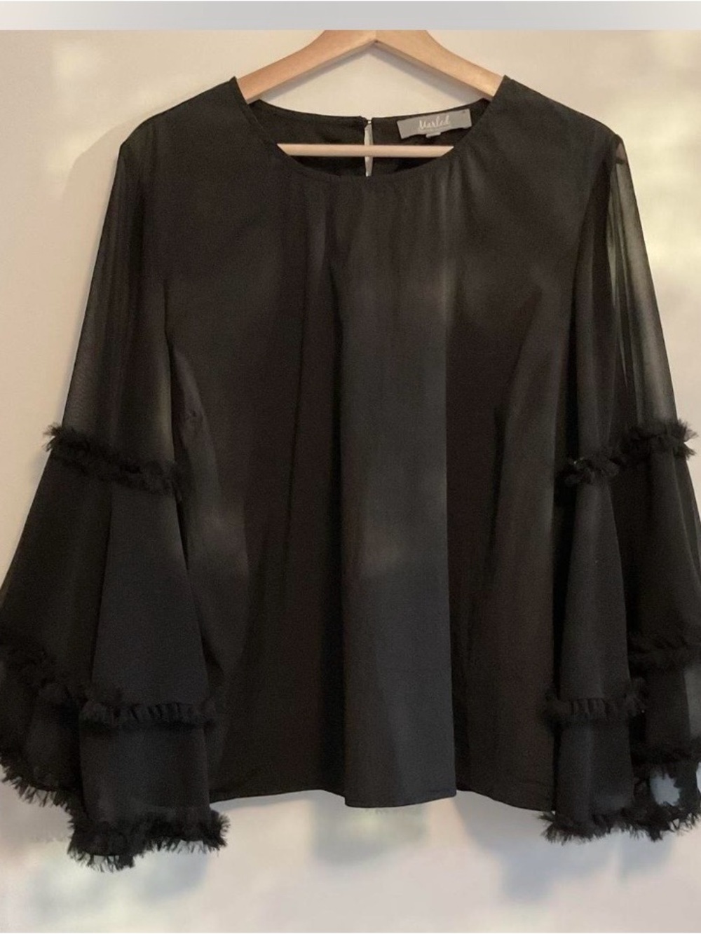 Marled Black Bell Sleeve Blouse with Ruffle Trim